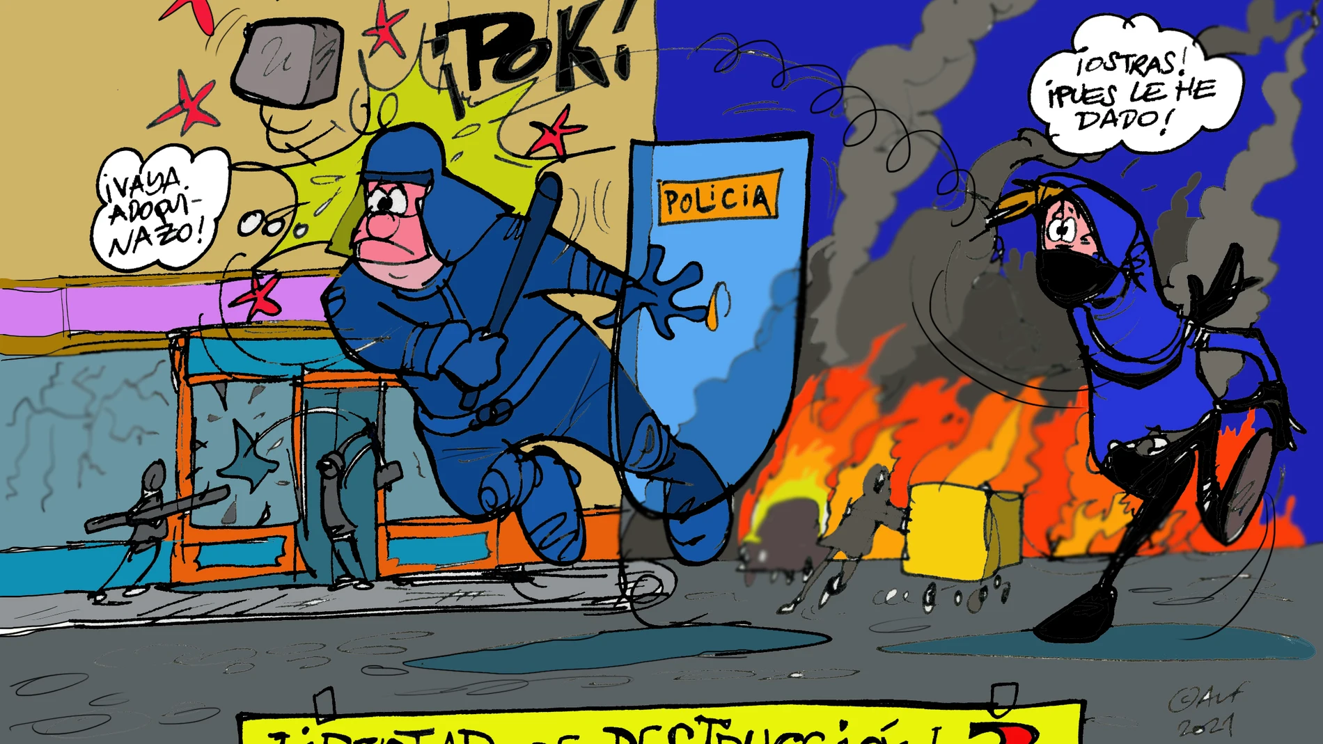 Disturbios, en la viñeta gráfica de Alfredo Boto Hervás Disturbios, en la viñeta gráfica de Alfredo Boto Hervás
