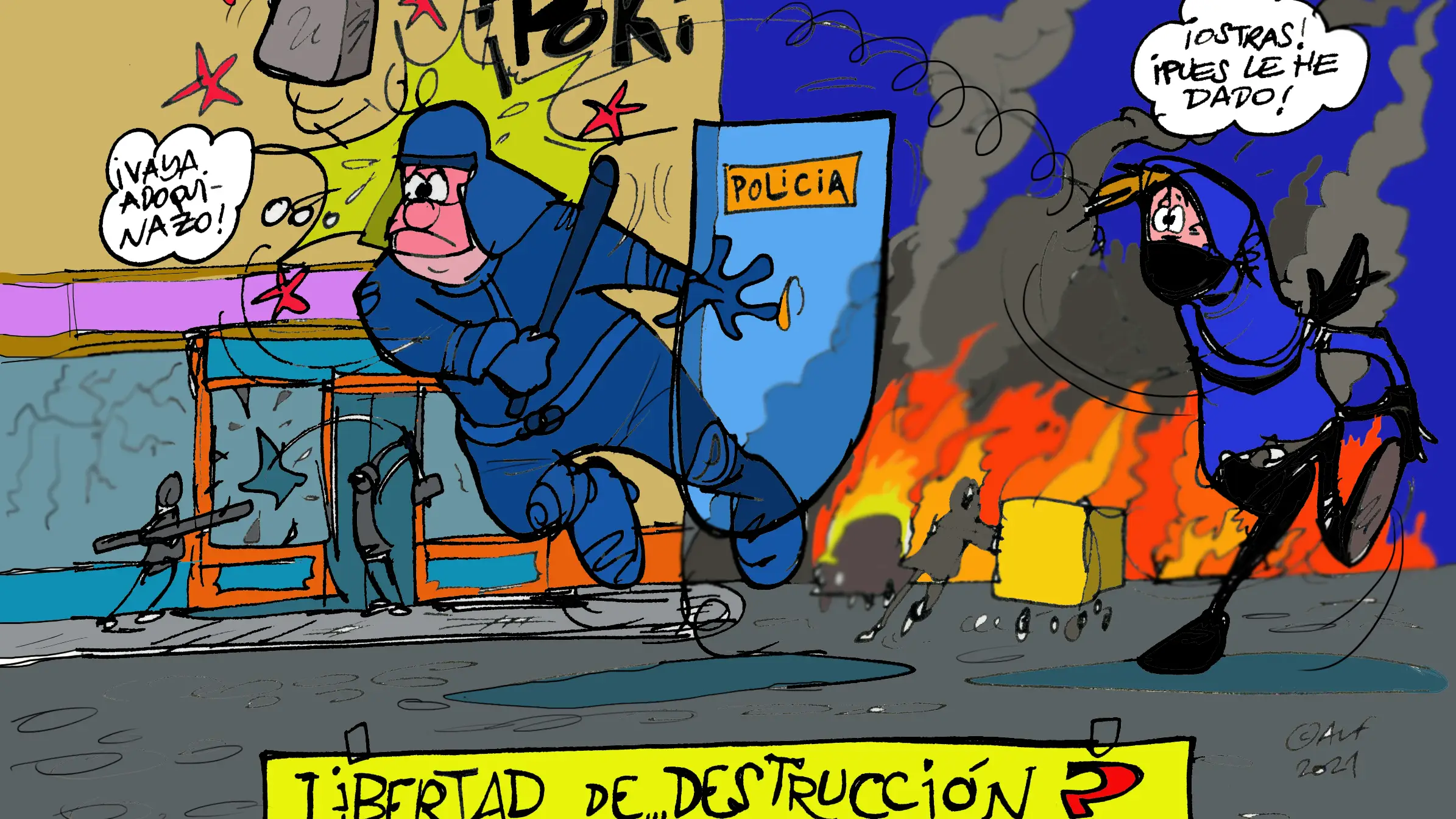 Disturbios, en la viñeta gráfica de Alfredo Boto Hervás Disturbios, en la viñeta gráfica de Alfredo Boto Hervás