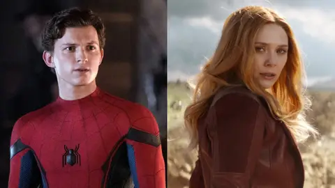 Tom Holland y Elizabeth Olsen SpiderMan y Bruja Escarlata en Marvel