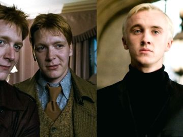 Los gemelos Phelps y Tom Felton en 'Harry Potter