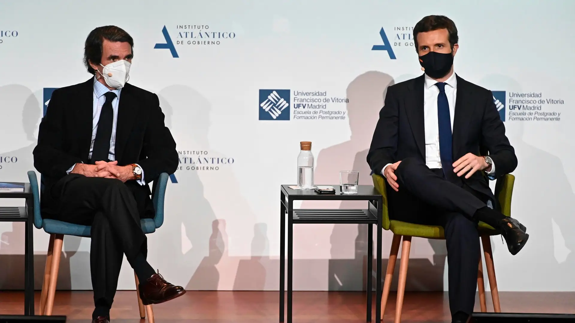 José María Aznar y Pablo Casado, este martes en la Universidad Francisco Vitoria. Partido Popular