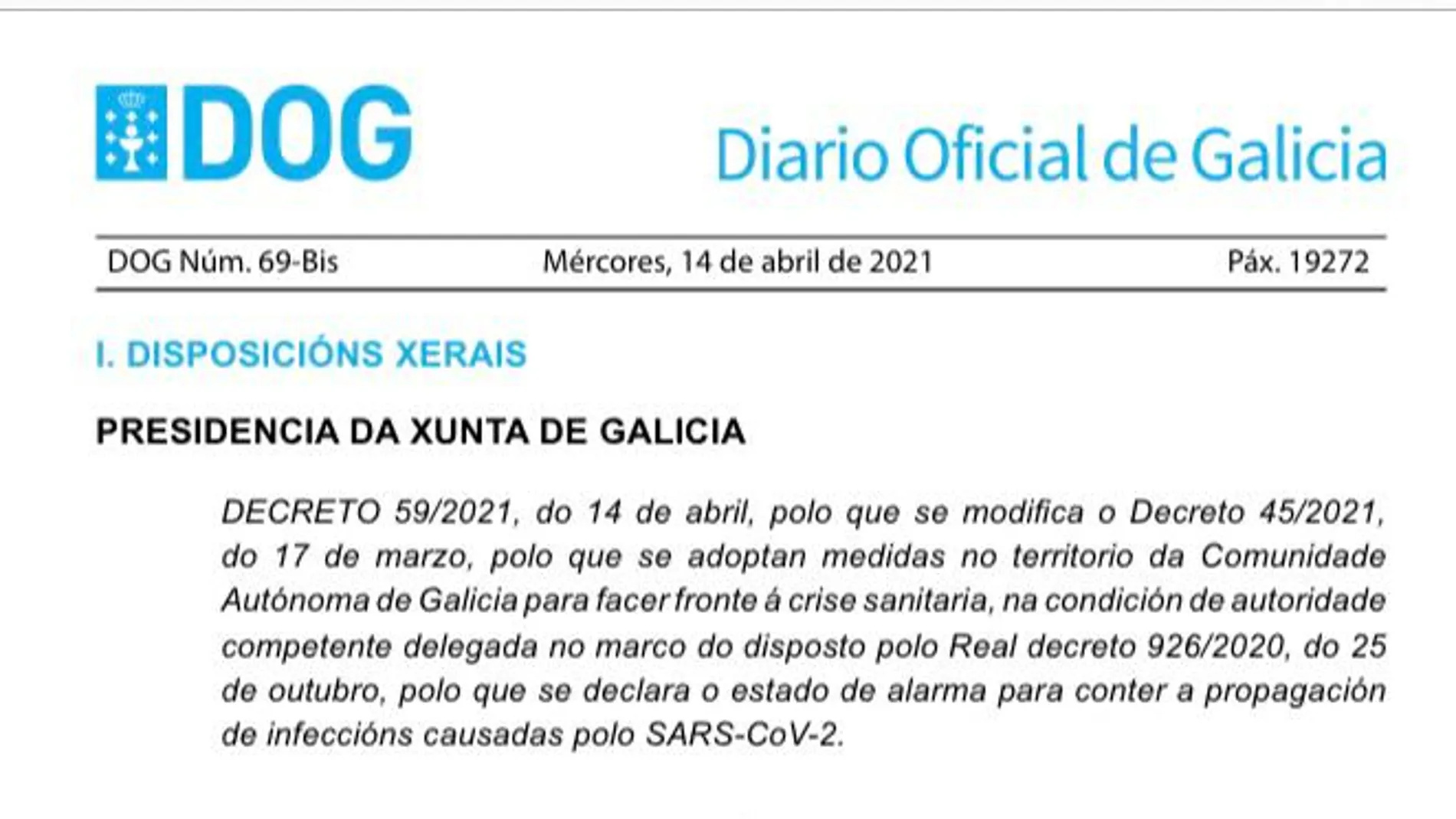 DOG de 14 de abril con las nuevas restricciones en Galicia en PDF