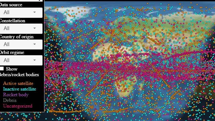 Consulta en este mapa en tiempo real los sat&eacute;lites y la basura espacial que orbitan la Tierra