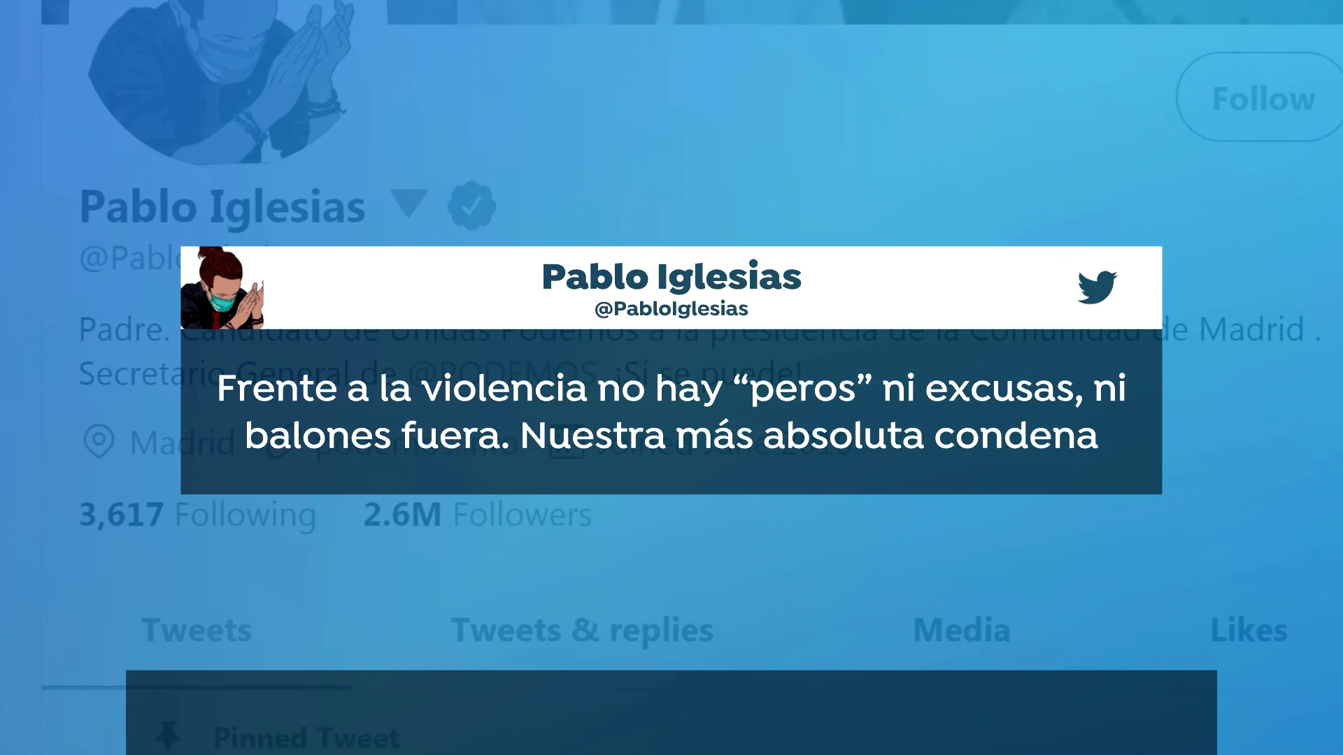 Mensaje de condena de Iglesias ante las amenazas dirigidas a Ayuso Mensaje de condena de Iglesias ante las amenazas dirigidas a Ayuso
