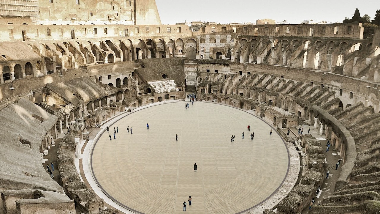 Vista del proyecto aprobado por Italia para devolver al Coliseo de Roma su "arena", la platea en la que hace dos milenios tenían lugar la lucha de gladiadores Vista del proyecto aprobado por Italia para devolver al Coliseo de Roma su "arena", la platea en la que hace dos milenios tenían lugar la lucha de gladiadores