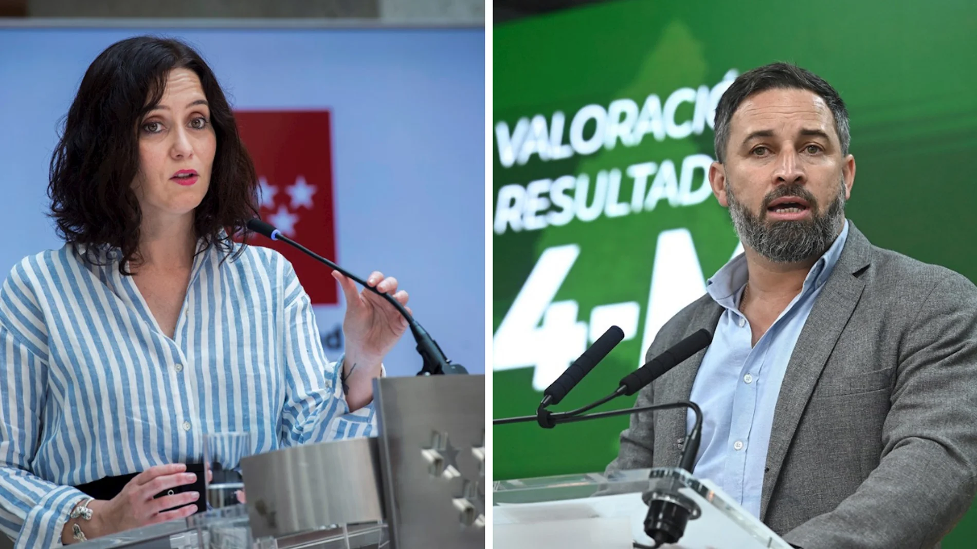 La presidenta de la CAM, Isabel Díaz Ayuso, y el líder de Vox, Santi Abascal