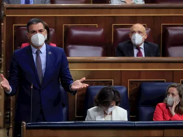 El presidente del Gobierno, Pedro Sánchez, durante su intervención en la sesión de control al Ejecutivo de este miércoles en el Congreso marcada por la crisis migratoria con Marruecos El presidente del Gobierno, Pedro Sánchez, durante su intervención en la sesión de control al Ejecutivo de este miércoles en el Congreso marcada por la crisis migratoria con Marruecos