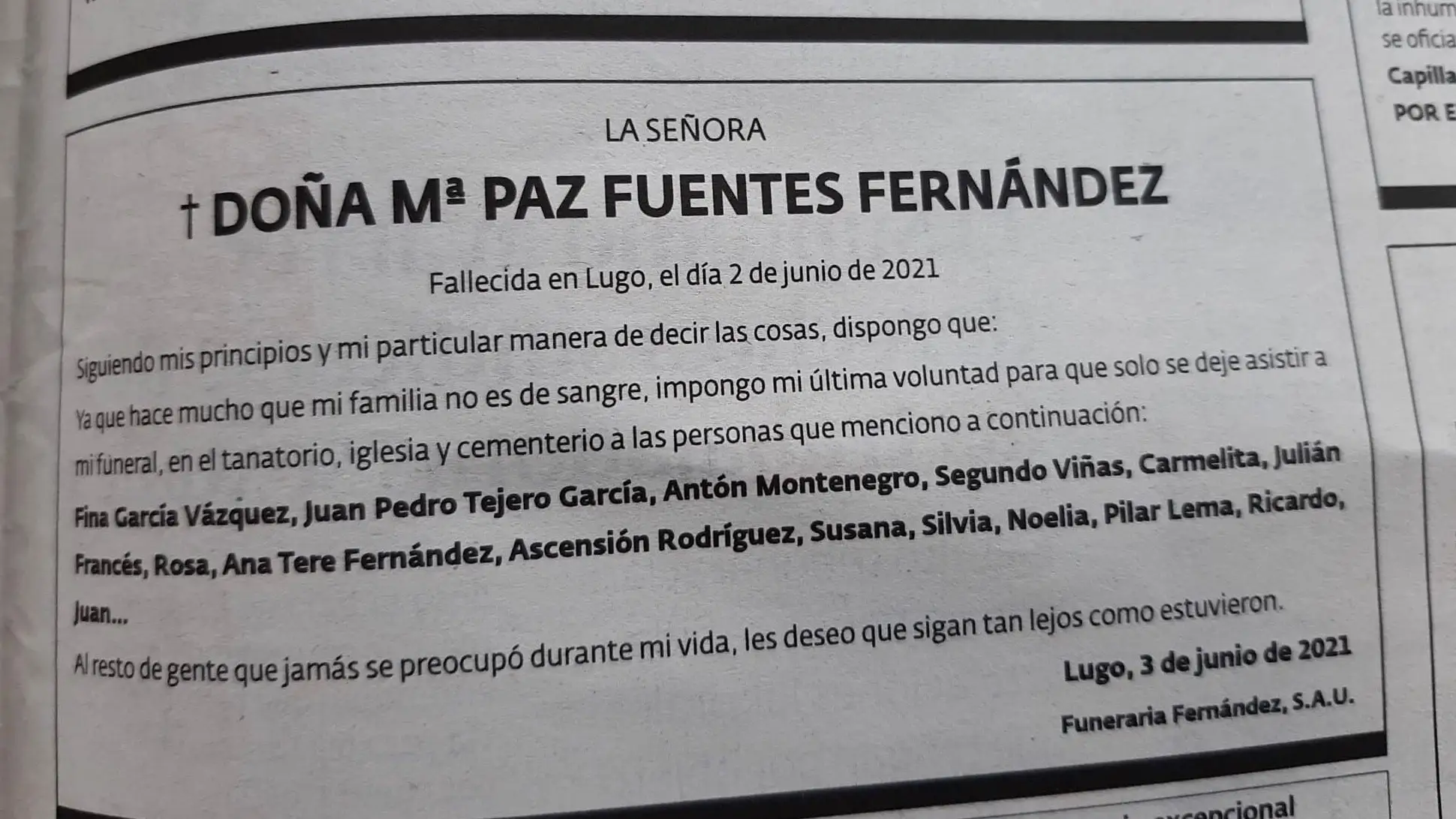 El último mensaje de una mujer en su esquela: "Hace mucho que mi familia no es de sangre" Imagen publicada en Twitter