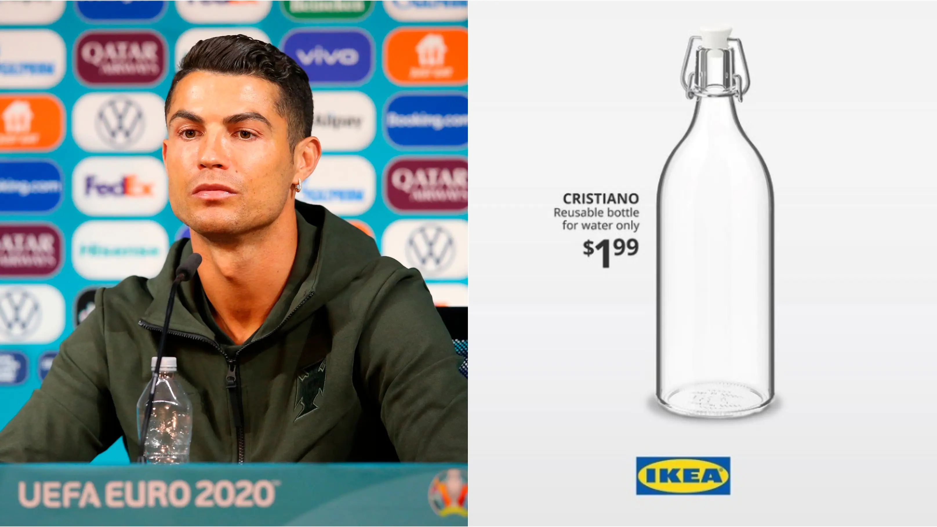 Ikea dedica una botella de agua a Cristiano, quien prefirió esa bebida a la Coca Cola Ikea dedica una botella de agua a Cristiano, quien prefirió esa bebida a la Coca Cola