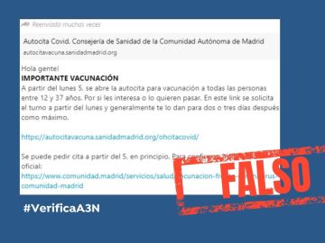 La Comunidad de Madrid alerta de un bulo sobre la autocita para la vacunación contra el COVID-19 