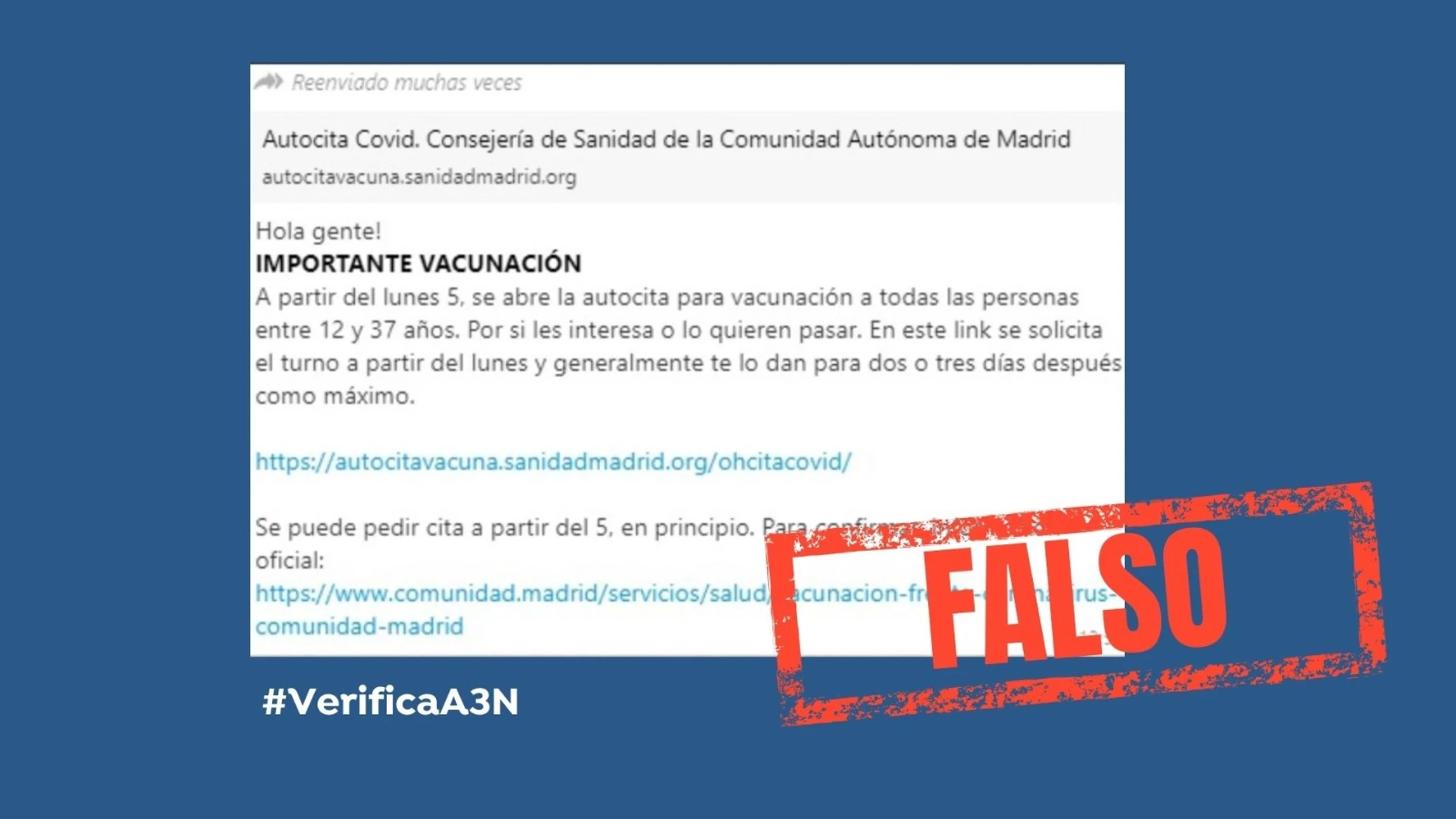 La Comunidad de Madrid alerta de un bulo sobre la autocita para la vacunación contra el COVID-19 