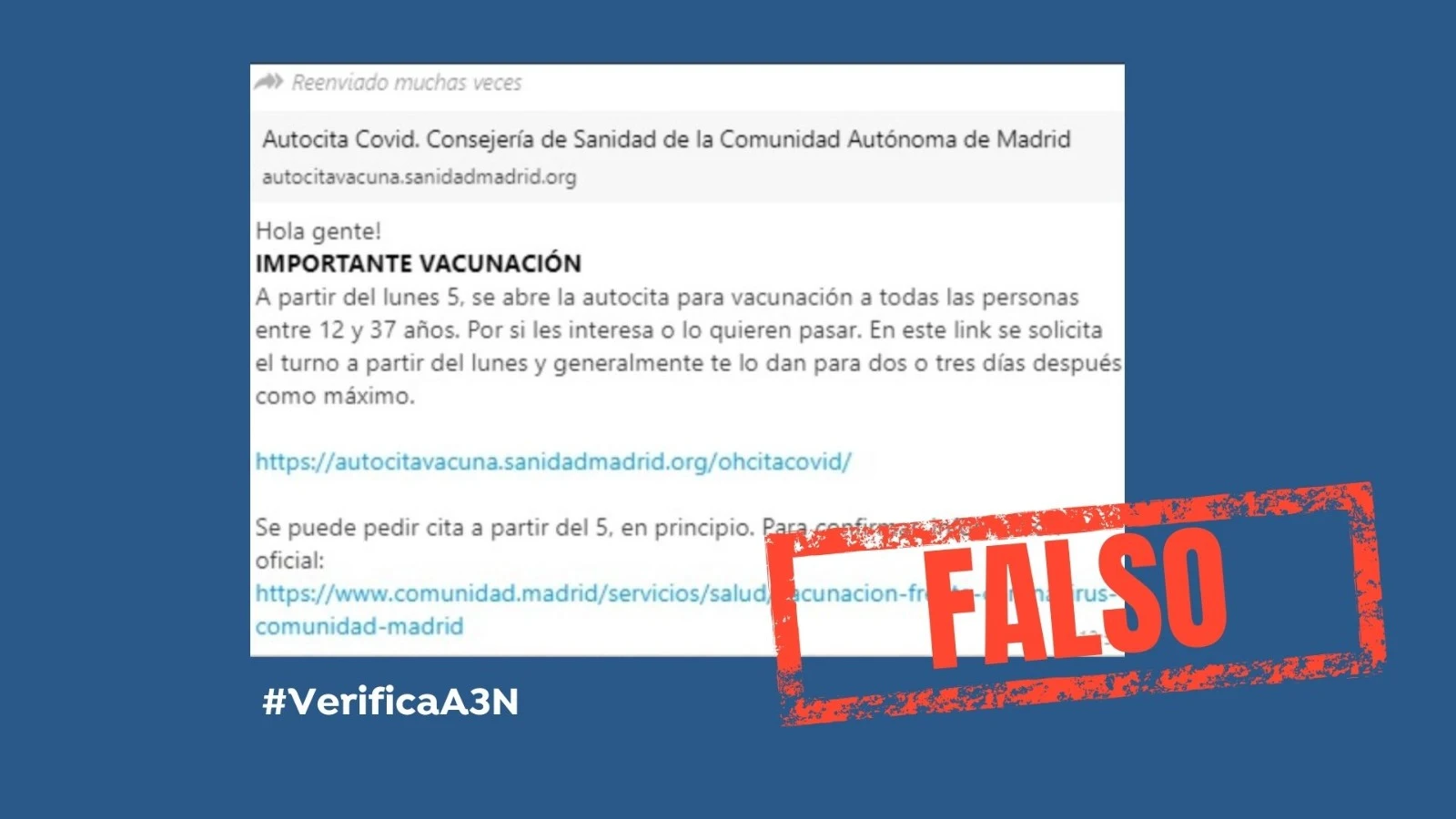 La Comunidad de Madrid alerta de un bulo sobre la autocita para la vacunaci&oacute;n contra el COVID-19 
