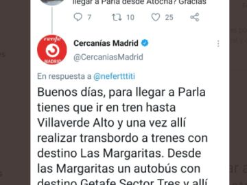 La respuesta de Cercanías Madrid en Twitter sobre cómo ir a Parla desata los memes