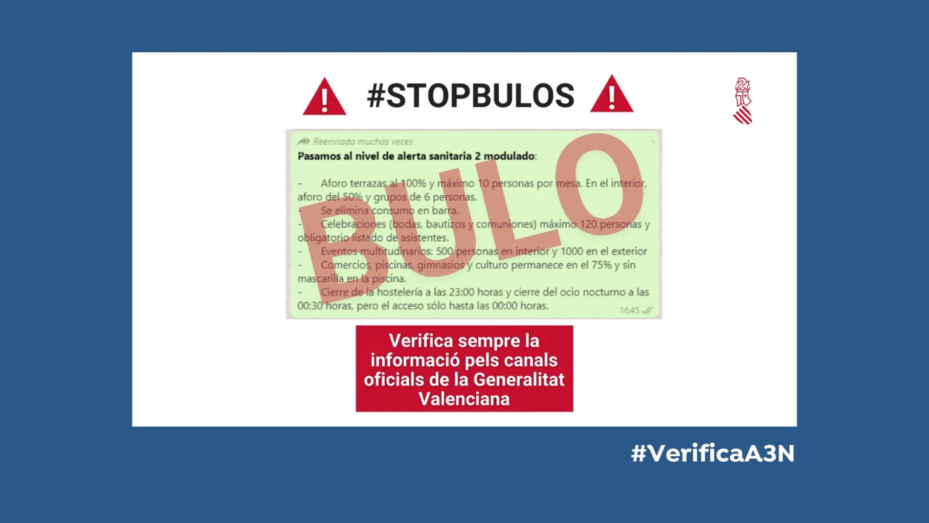  La Generalitat Valenciana desmiente un bulo con restricciones no oficiales para frenar la expansión del coronavirus