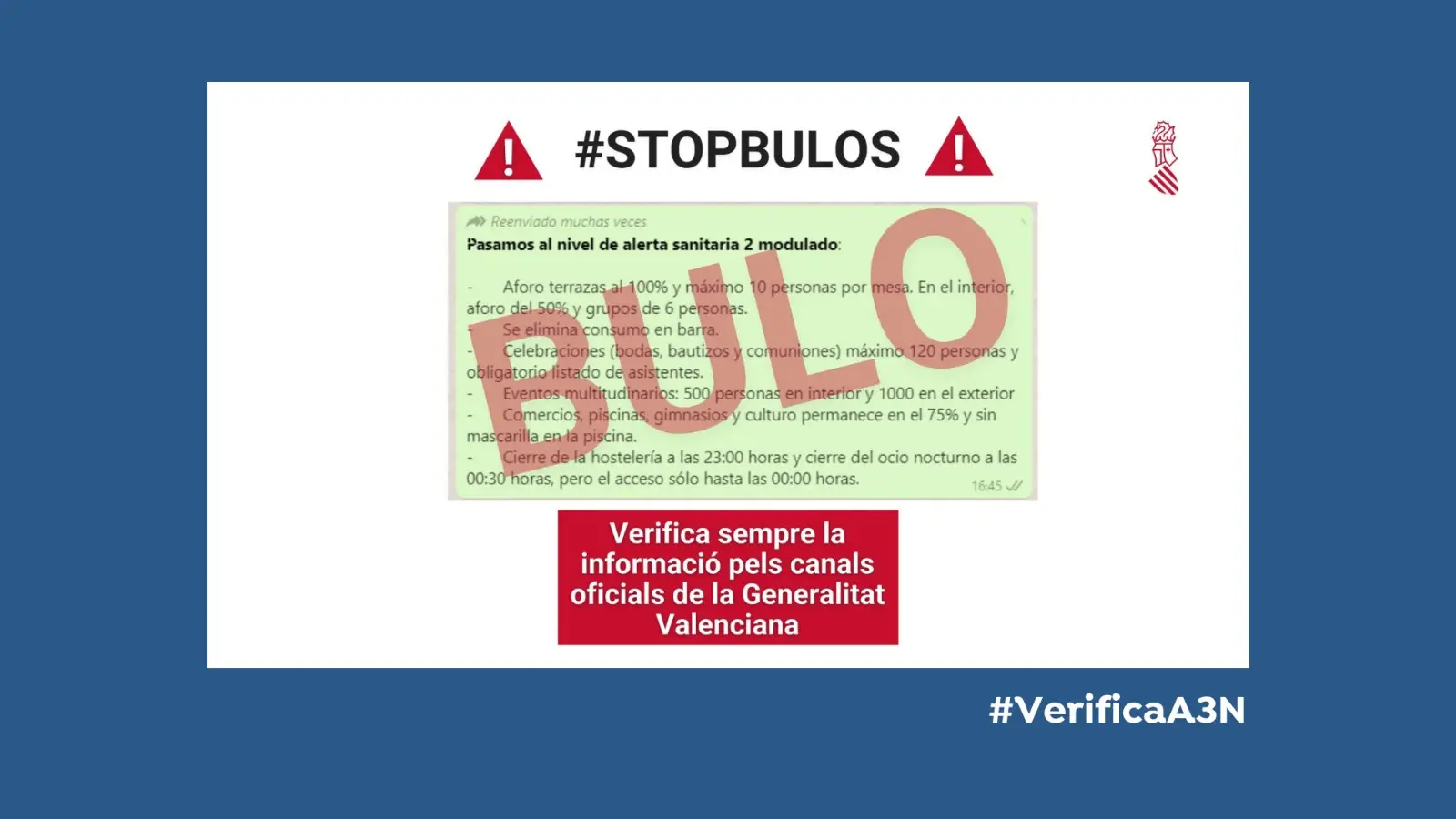 La Generalitat Valenciana desmiente un bulo con restricciones no oficiales para frenar la expansión del coronavirus La Generalitat Valenciana desmiente un bulo con restricciones no oficiales para frenar la expansión del coronavirus