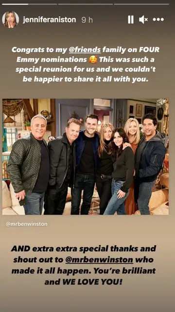 Jennifer Aniston felicita en Instagram a sus compañeros de ‘Friends’ por su nominación a cuatro premios Emmy Jennifer Aniston felicita en Instagram a sus compañeros de ‘Friends’ por su nominación a cuatro premios Emmy