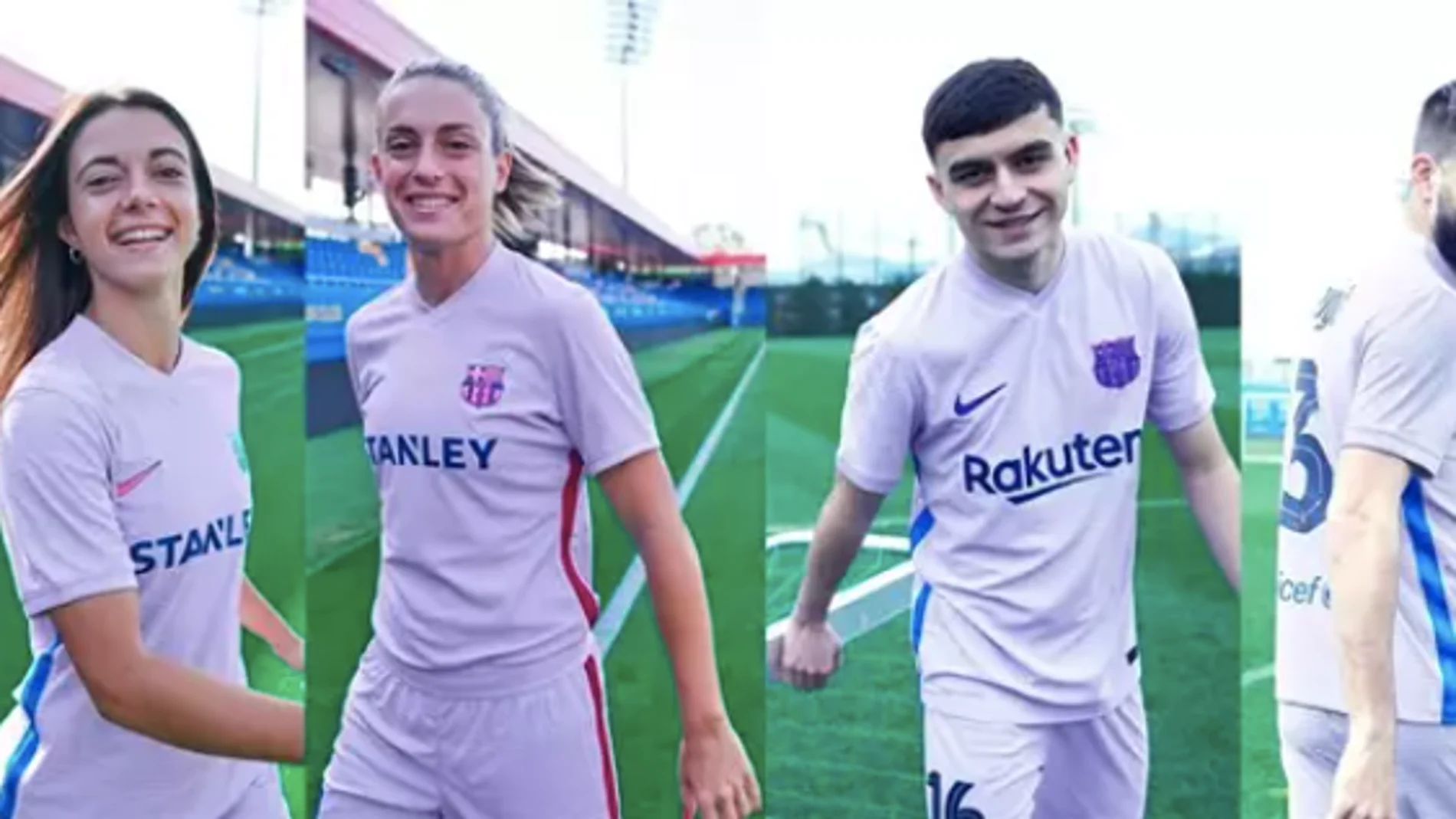 Aitana Bonmatí, Alexia Putellas, Pedri y Gerard Piqué posan con la segunda equipación del FC Barcelona para la temporada 2021/22,