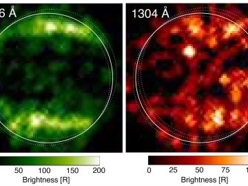 Primeras imágenes ultravioletas tomadas en 1998 por el instrumento STIS del Hubble que revelaron un patrón particular en las emisiones observadas de la atmósfera de Ganímedes. 