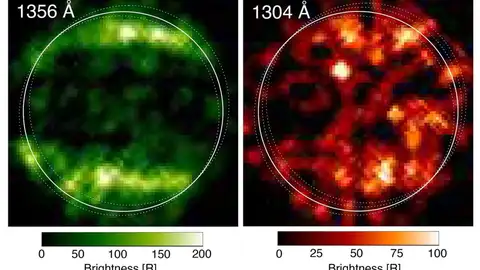 Primeras imágenes ultravioletas tomadas en 1998 por el instrumento STIS del Hubble que revelaron un patrón particular en las emisiones observadas de la atmósfera de Ganímedes. Primeras imágenes ultravioletas tomadas en 1998 por el instrumento STIS del Hubble que revelaron un patrón particular en las emisiones observadas de la atmósfera de Ganímedes.