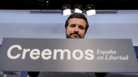 El presidente del Partido Popular, Pablo Casado, hace balance del curso político este jueves en la sede de la formación, en Madrid El presidente del Partido Popular, Pablo Casado, hace balance del curso político este jueves en la sede de la formación, en Madrid