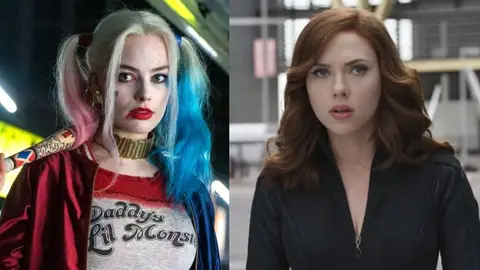 Margot Robbie y Scarlett Johansson como Harley Quinn y Viuda Negra Margot Robbie y Scarlett Johansson como Harley Quinn y Viuda Negra