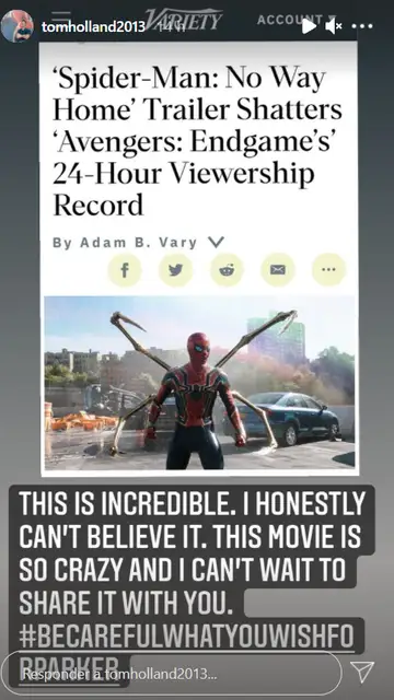 Tom Holland reacciona al récord que supera el tráiler de 'SpiderMan: Sin camino a casa' Tom Holland reacciona al récord que supera el tráiler de 'SpiderMan: Sin camino a casa'