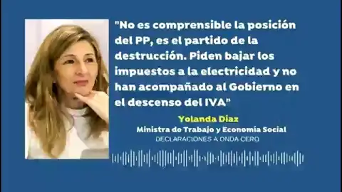 Yolanda Díaz, sobre las críticas del PP por la subida de la luz: "Es el partido de la destrucción" Yolanda Díaz, sobre las críticas del PP por la subida de la luz: "Es el partido de la destrucción"