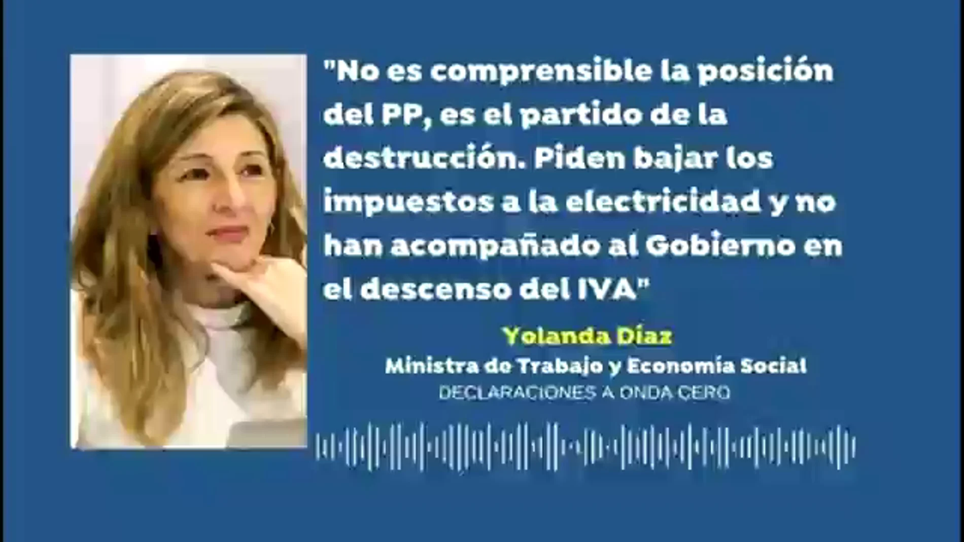 Yolanda Díaz, sobre las críticas del PP por la subida de la luz: "Es el partido de la destrucción"