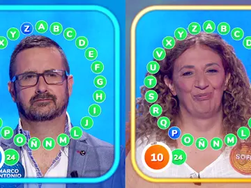 Marco Antonio y Sofía, a una sola letra del bote de 'Pasapalabra' en el mismo programa Marco Antonio y Sofía, a una sola letra del bote de 'Pasapalabra' en el mismo programa