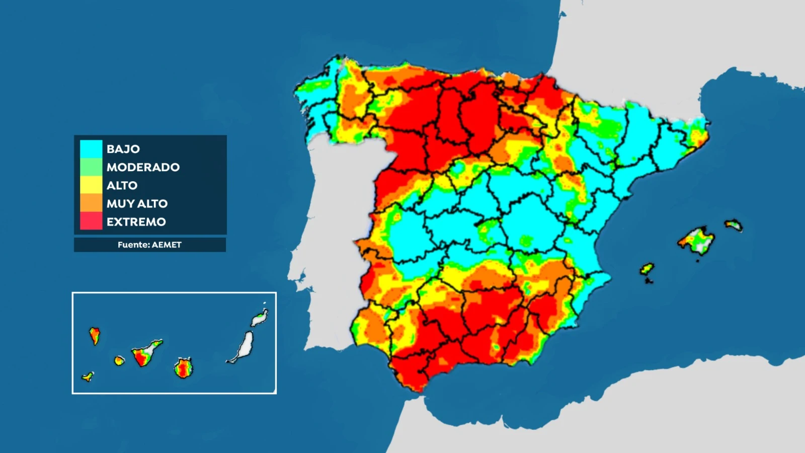 Mapa de riesgo extremo de incendios forestales en Espa&ntilde;a