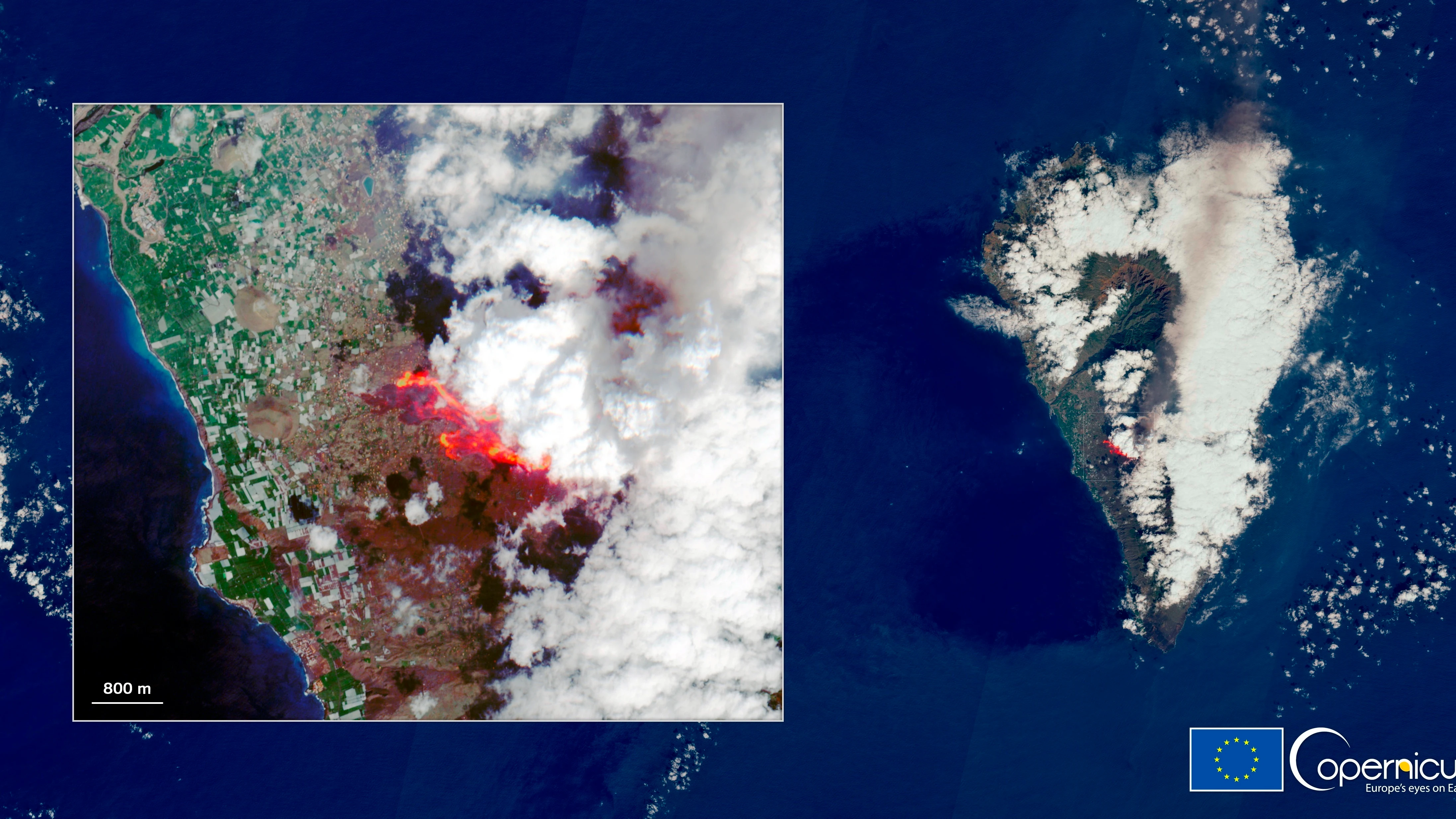 Volc&aacute;n de La Palma visto desde el sat&eacute;lite Copernicus