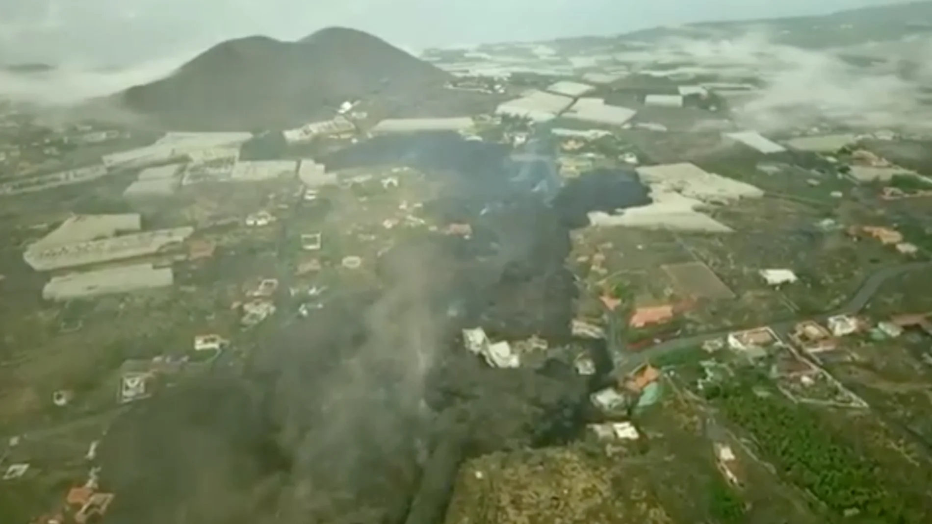Imagen aérea de la lava arrasando plataneras