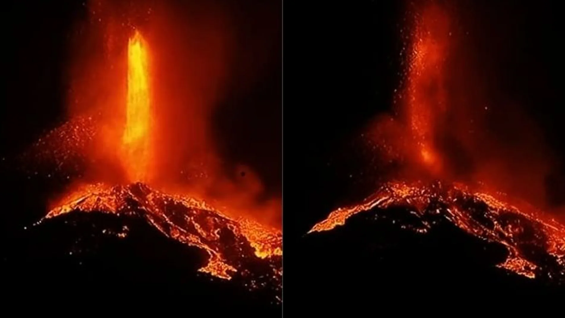 Dos fotografías realizadas con 1 minuto de diferencia muestran el avance de la lava del volcán de La Palma