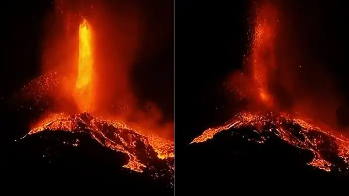 Dos fotograf&iacute;as realizadas con 1 minuto de diferencia muestran el avance de la lava del volc&aacute;n de La Palma