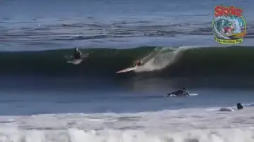 Skyler, el perro surfero, monta una gigantesca ola en California