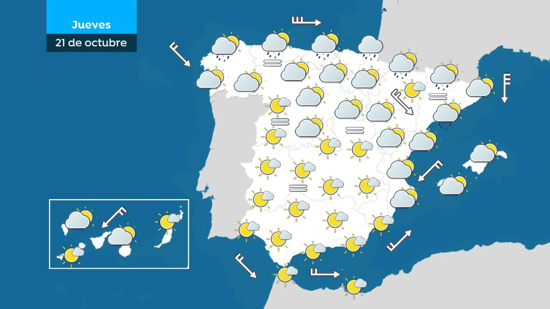 Llegan las lluvias a Galicia y se mantienen los cielos poco nubosos en el resto de la península