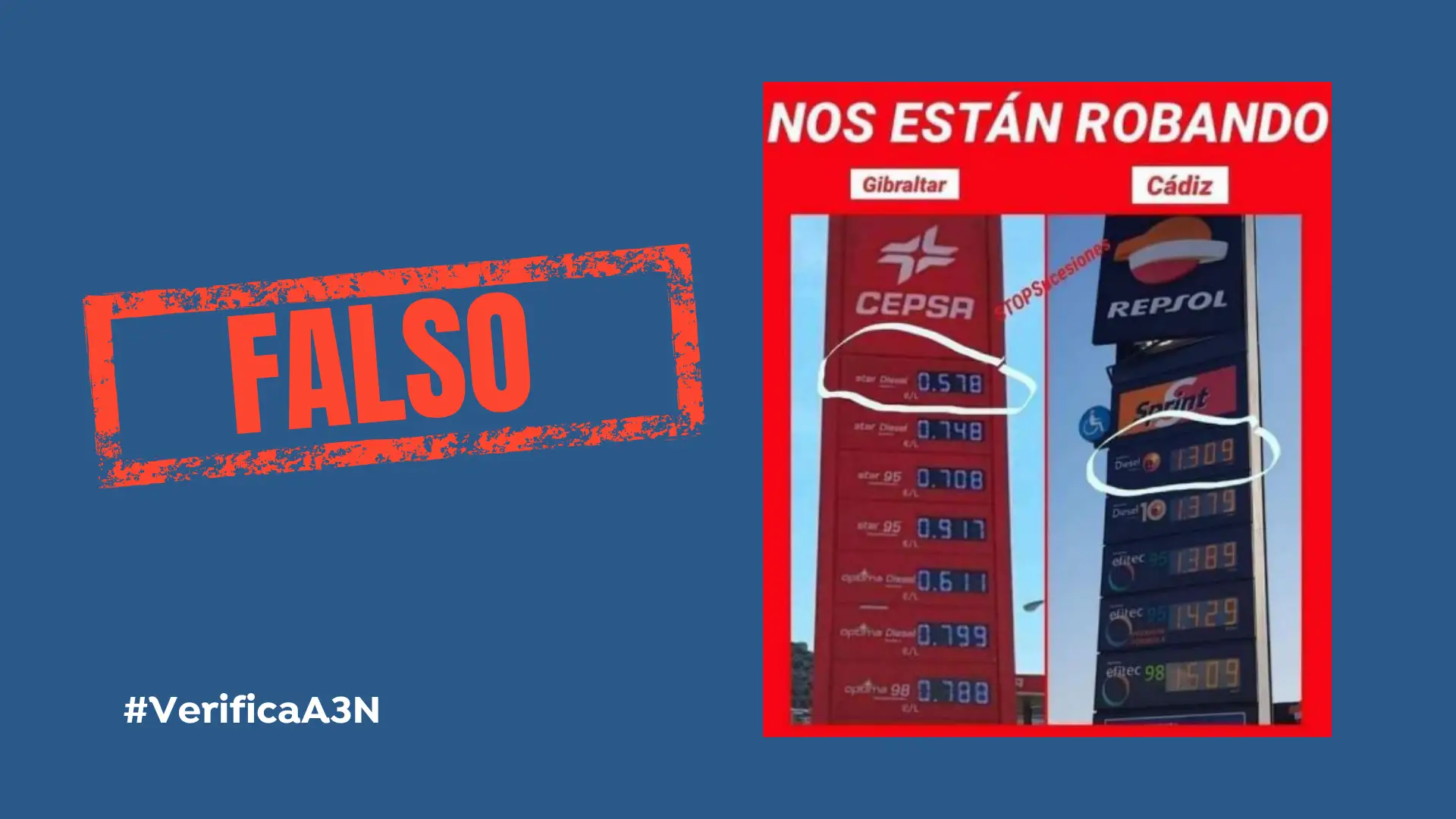 VERIFICA A3N: No nos est&aacute;n robando, la imagen viral que compara el precio de la gasolina entre Gibraltar y C&aacute;diz es antigua