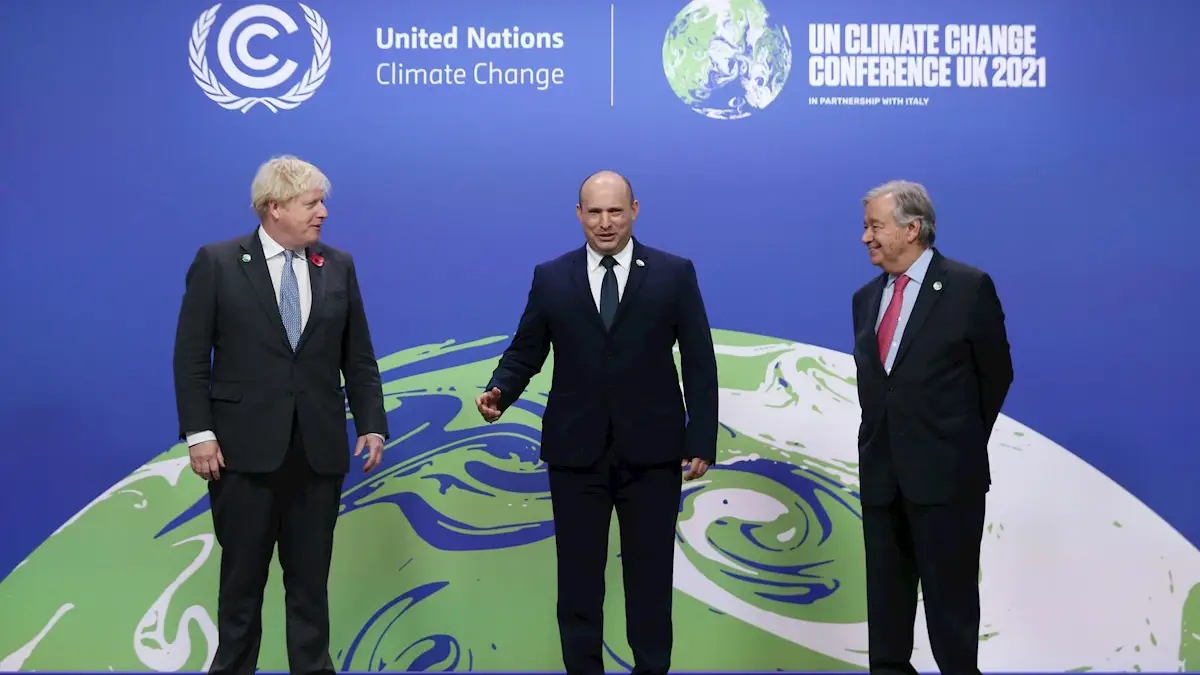 El primer ministro brit&aacute;nico, Boris Johnson, el secretario general de la ONU, Antonio Guterres, y el primer ministro israel&iacute;, Naftali Bennett