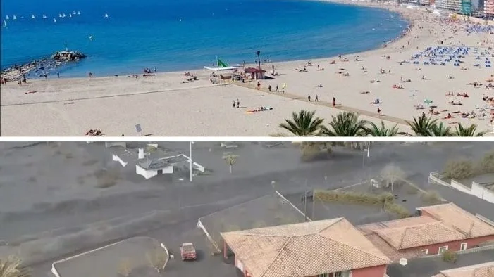 La ceniza de La Palma, comparada con la arena de la playa de Poniente de Benidorm La ceniza de La Palma, comparada con la arena de la playa de Poniente de Benidorm