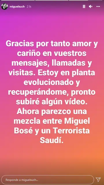 Miguel Such envía un mensaje para tranquilizar a sus seguidores Miguel Such envía un mensaje para tranquilizar a sus seguidores