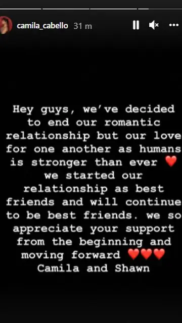 El comunicado de Camila Cabello y Shawn Mendes en Instagram El comunicado de Camila Cabello y Shawn Mendes en Instagram