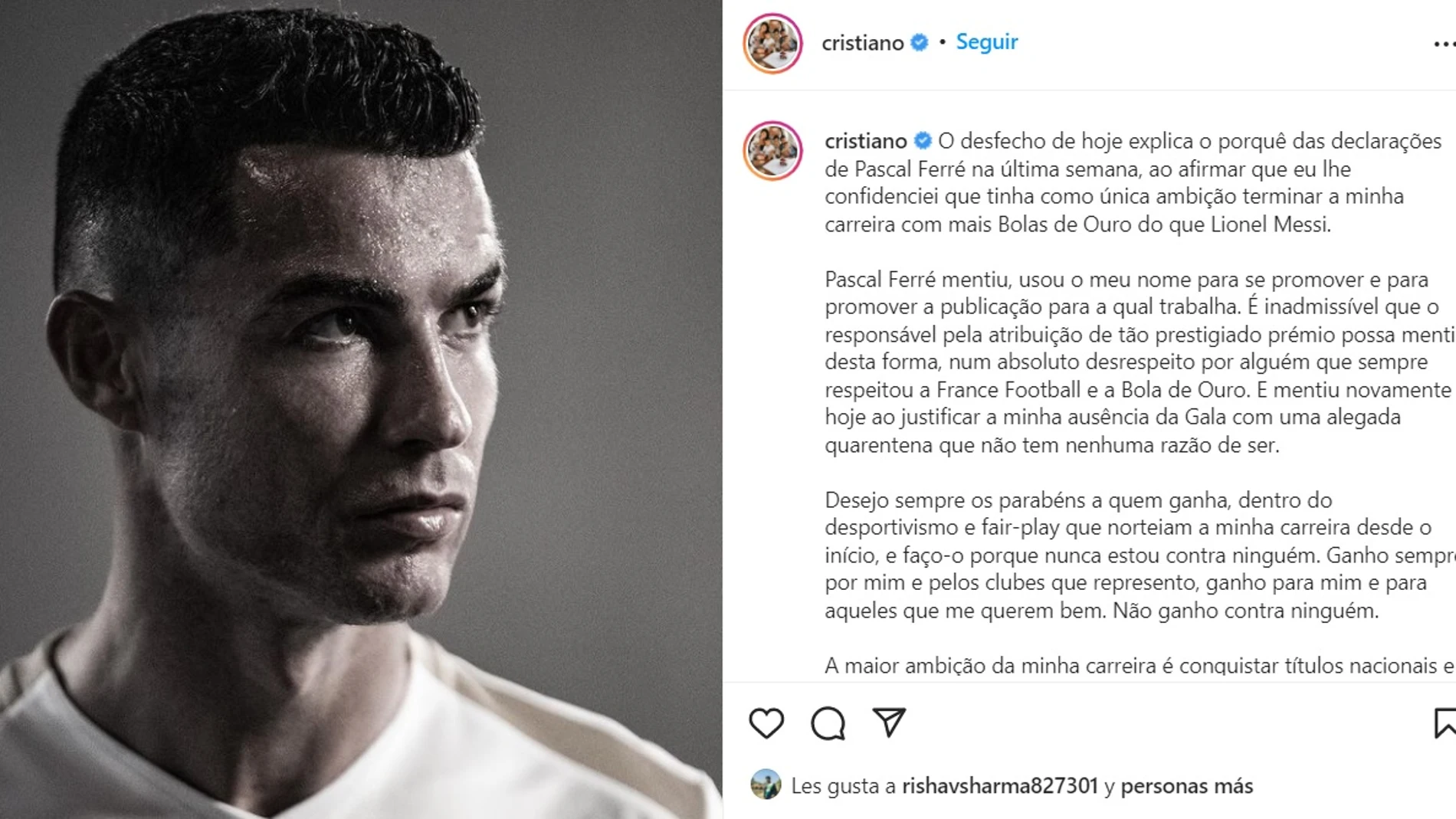 Cristiano Ronaldo estalla contra el Balón de Oro: "No gano contra nadie"