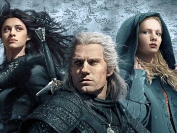 Anya Chalotra (Yennefer), Henry Cavill (Geralt de Rivia), Freya Allen (Ciri) er 'The Witcher'
