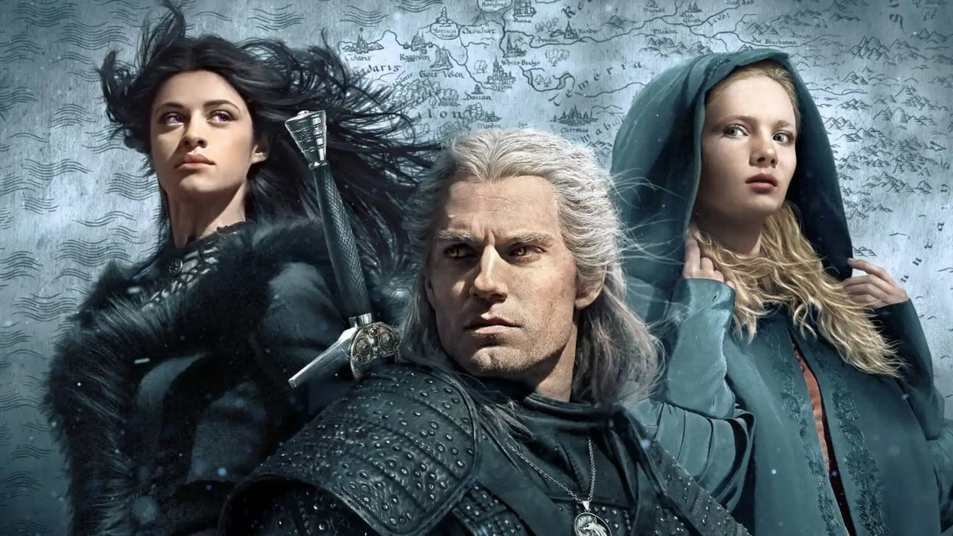 Anya Chalotra (Yennefer), Henry Cavill (Geralt de Rivia), Freya Allen (Ciri) er 'The Witcher'