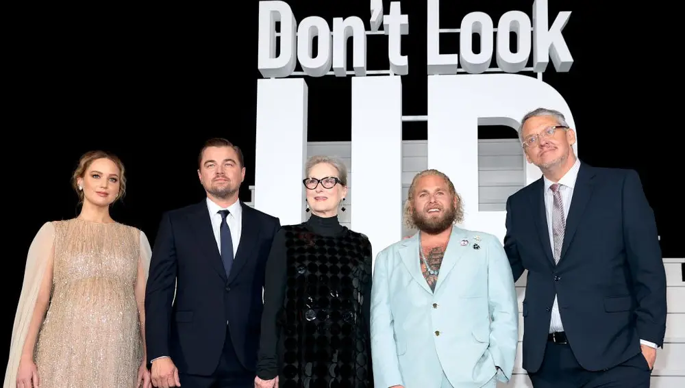 El elenco de 'No mires arriba' en la premiere (Jennifer Lawrence, Leonardo Dicaprio, Meryl Streep, Jonah Hill)