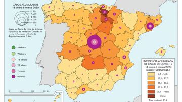 Incidencia acumulada en España entre el 18 de enero y el 8 de marzo de 2020