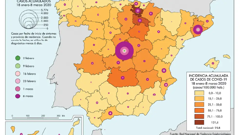 Incidencia acumulada en Espa&ntilde;a entre el 18 de enero y el 8 de marzo de 2020