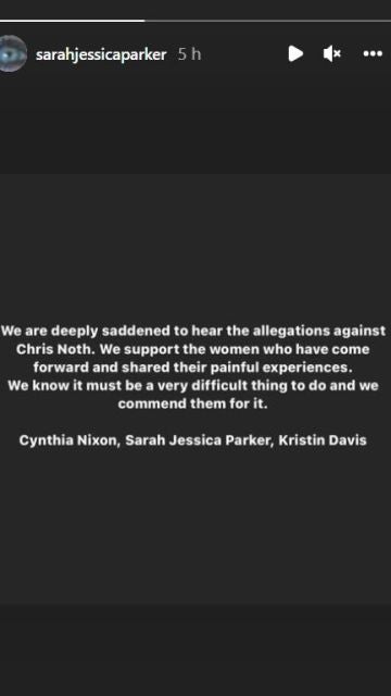 Sarah Jessica Parker publica un comunicado tras las acusaciones de agresión sexual contra Chris Noth