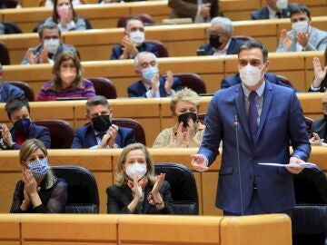 El presidente del Gobierno, Pedro Sánchez (d), interviene durante la sesión de control al Gobierno celebrada este martes en el Senado