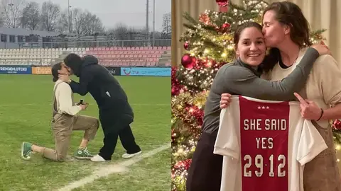 La emotiva pedida de mano de Merel van Dongen a Ana Romero en el campo de entrenamiento del Ajax La emotiva pedida de mano de Merel van Dongen a Ana Romero en el campo de entrenamiento del Ajax